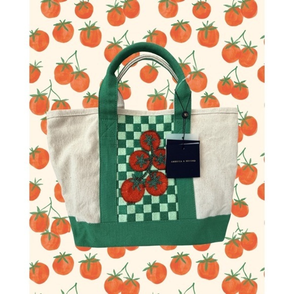 America & Beyond Beaded Canvas Tote Tomato Green Red Cream NWT Bonus Free Scarf